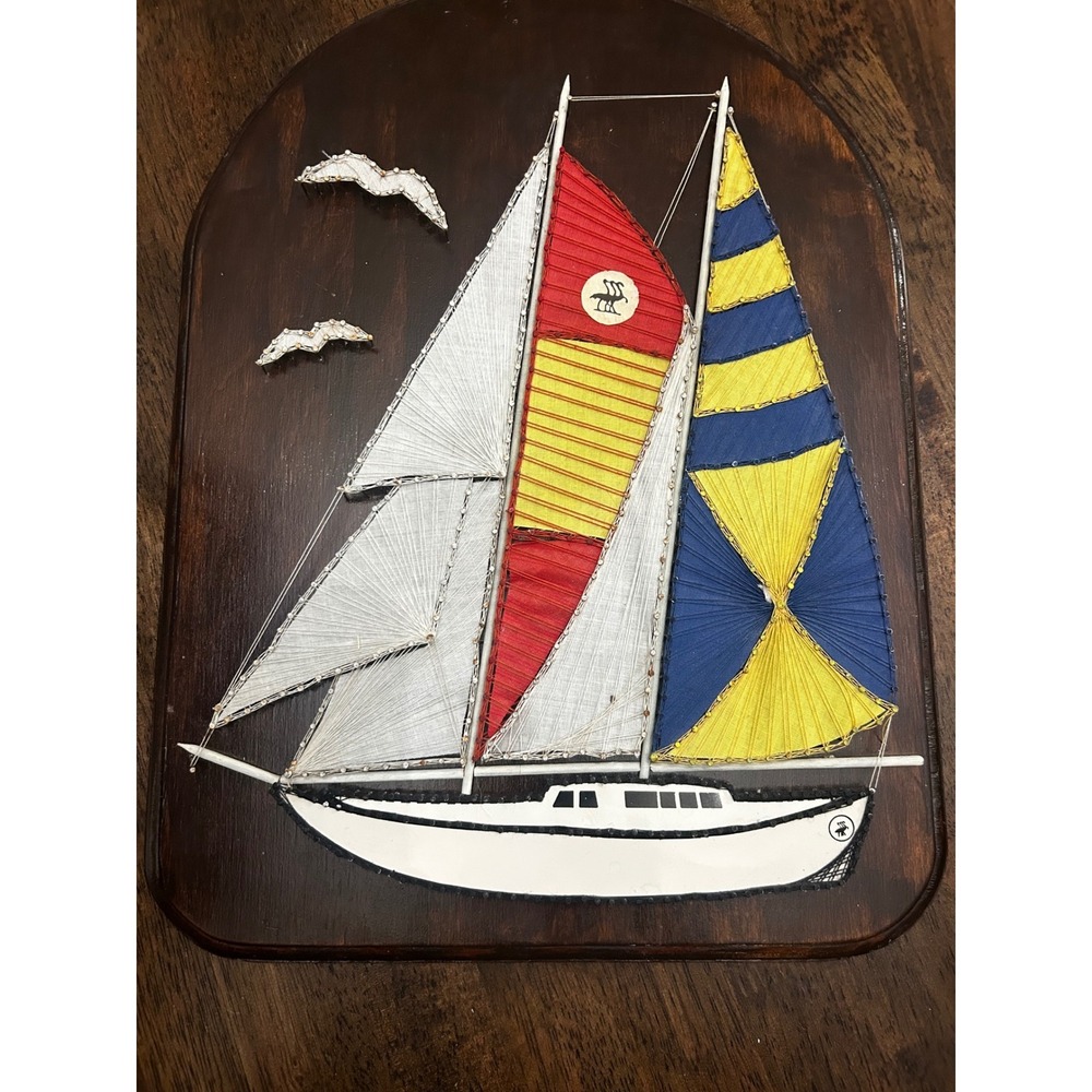 Vintage 70s Sailboat String Art Wall Decor Nautical Mid Century Modern Wooden